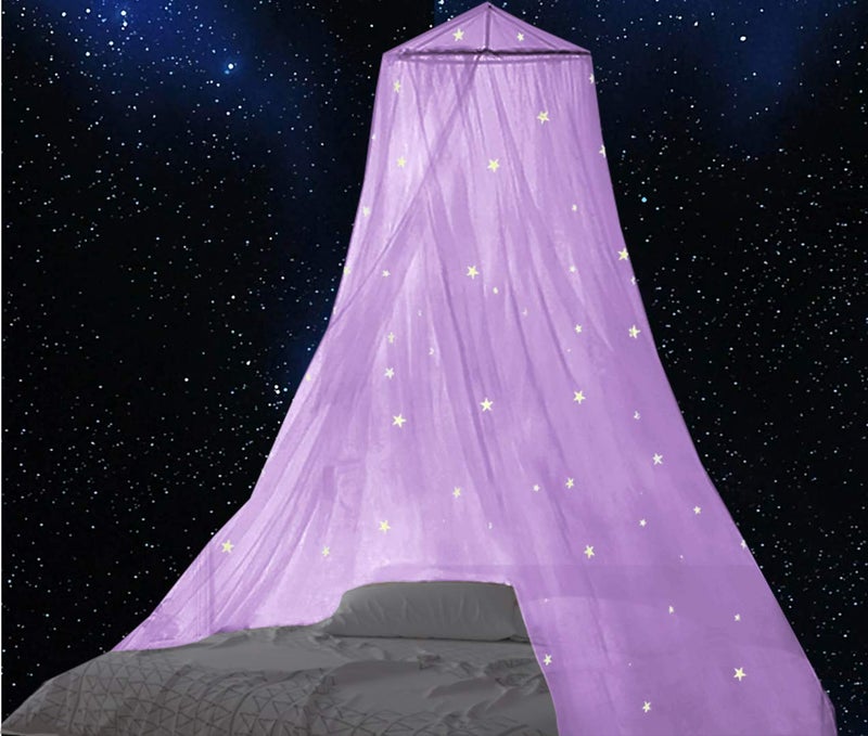 BCBYou Mosquito Net with Fluorescent Stars Glow in Dark for Baby, Kids, and Adults, for Covering Crib, Kid, Girls or Full Size Bed (Purple) - Image 1